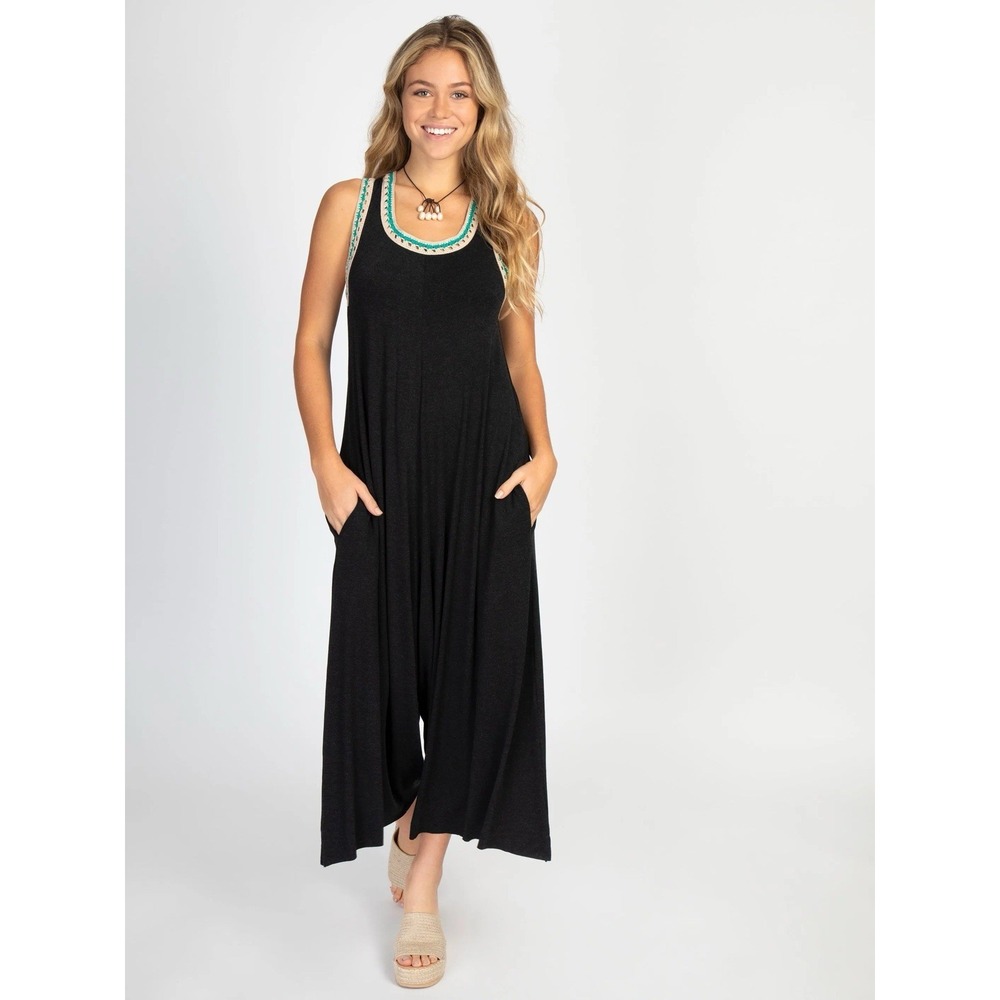 Natural Life The Willow jumpsuit romper M Gray Wide leg Knit Crochet trim